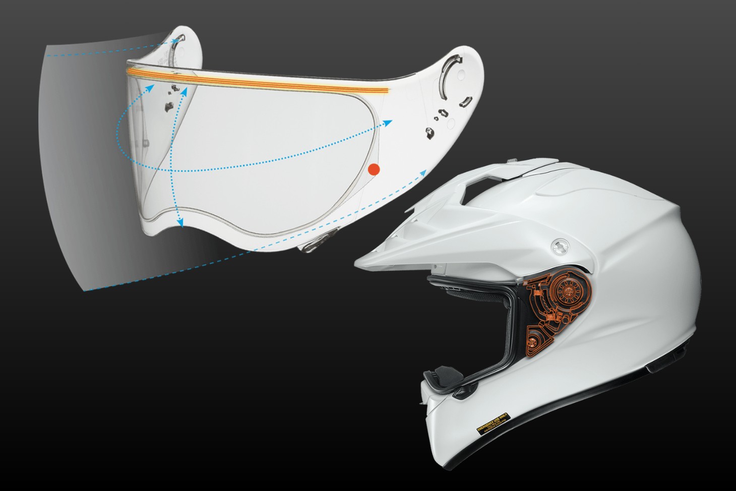 Shoei Hornet X2 helmet with CNS-2 shield and quick-release base plates highlighted, visor mechanism diagram.