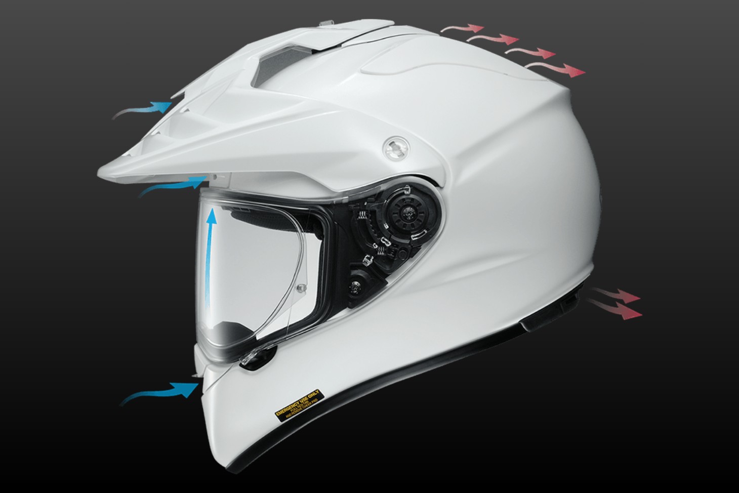 Shoei Hornet X2 helmet ventilation diagram showing chin, forehead, and crown vents with airflow channels.