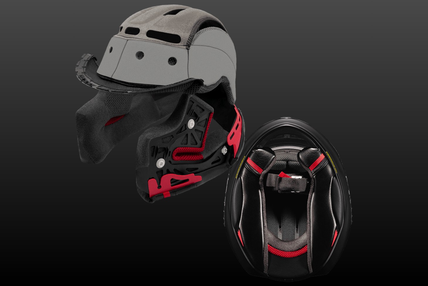 Shoei RF-1400 helmet interior and liner system showing EPS layers, cheek pads, and emergency quick-release design for comfort and safety.