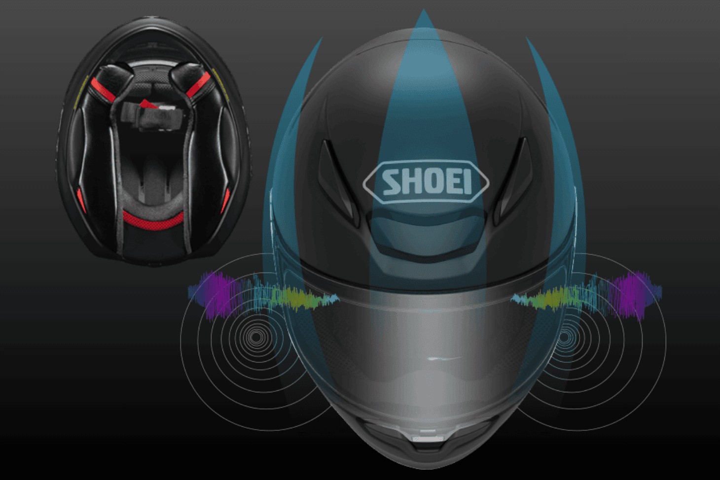 Top and front view of a Shoei RF-1400 helmet with airflow and soundwave graphics showing reduced wind noise.