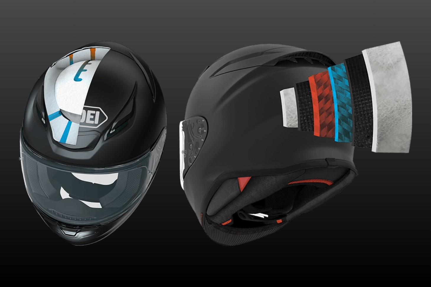 Shoei RF-1400 helmet with cutaway view of Multi-Ply Matrix AIM+ shell layers, illustrating strength and lightweight design.