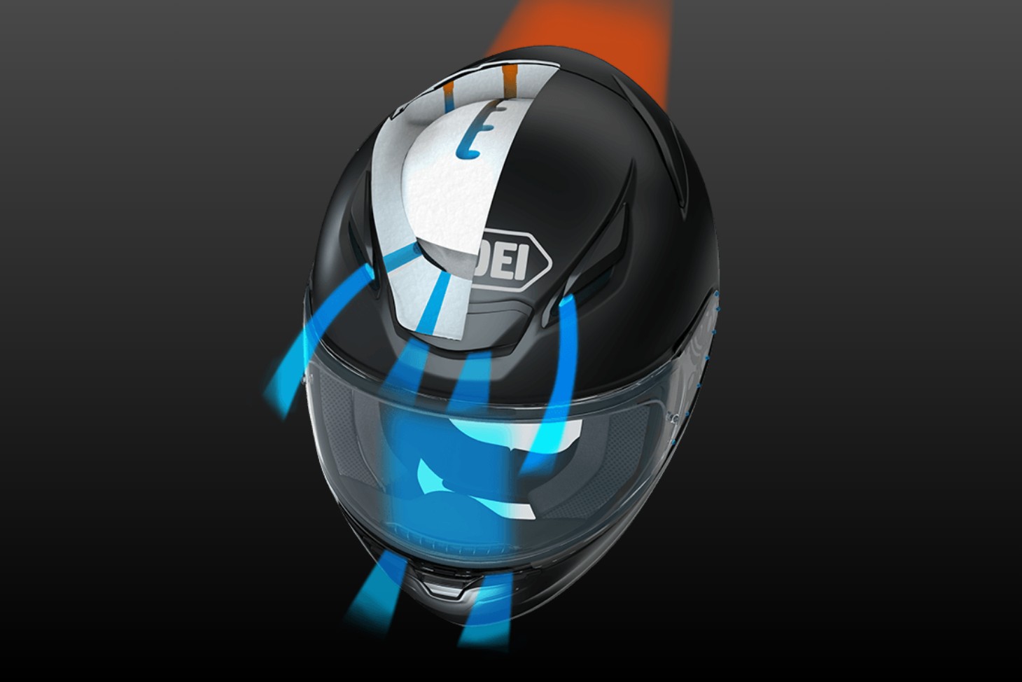 Shoei RF-1400 helmet airflow diagram showing wind-tunnel ventilation design