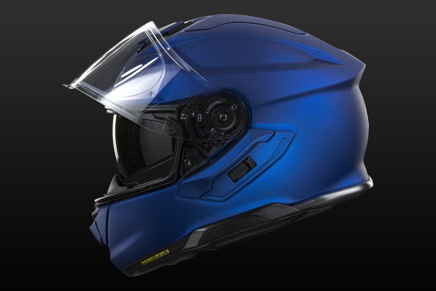 Shoei GT-Air 3 helmet in blue showing drop-down sun visor mechanism and main shield system.