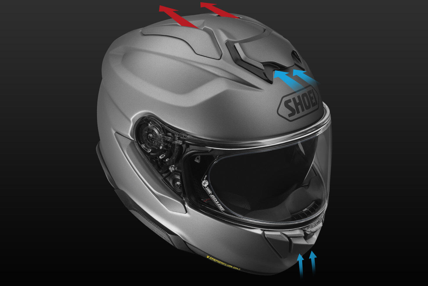 Shoei GT-Air 3 helmet ventilation diagram showing chin vent, forehead vent, and exhaust ports.