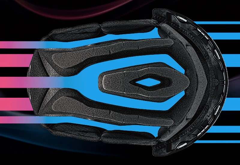 HJC i10 helmet ventilation system graphic showing internal airflow channels with crown, chin, and exhaust vent design.