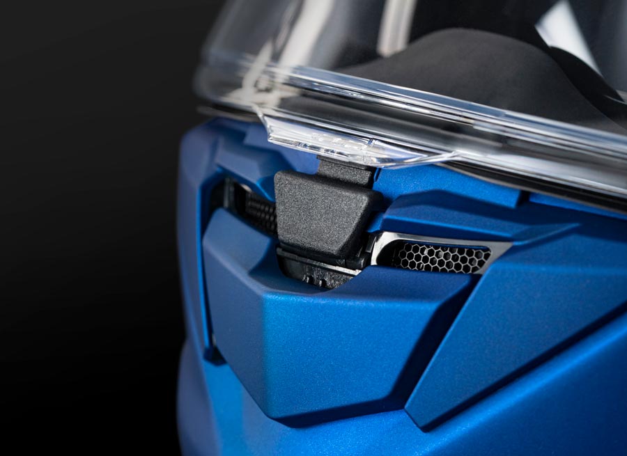 Close-up of blue Shoei GT-Air 3 chin vent with dual-intake design for increased airflow