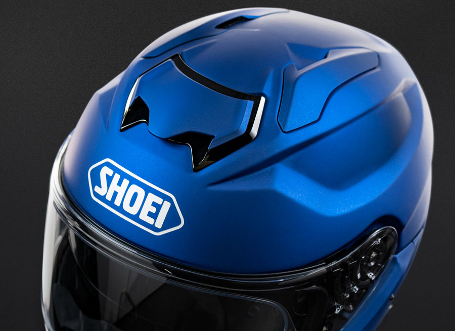 Close-up of blue Shoei GT-Air 3 helmet top vents designed for aerodynamic noise reduction