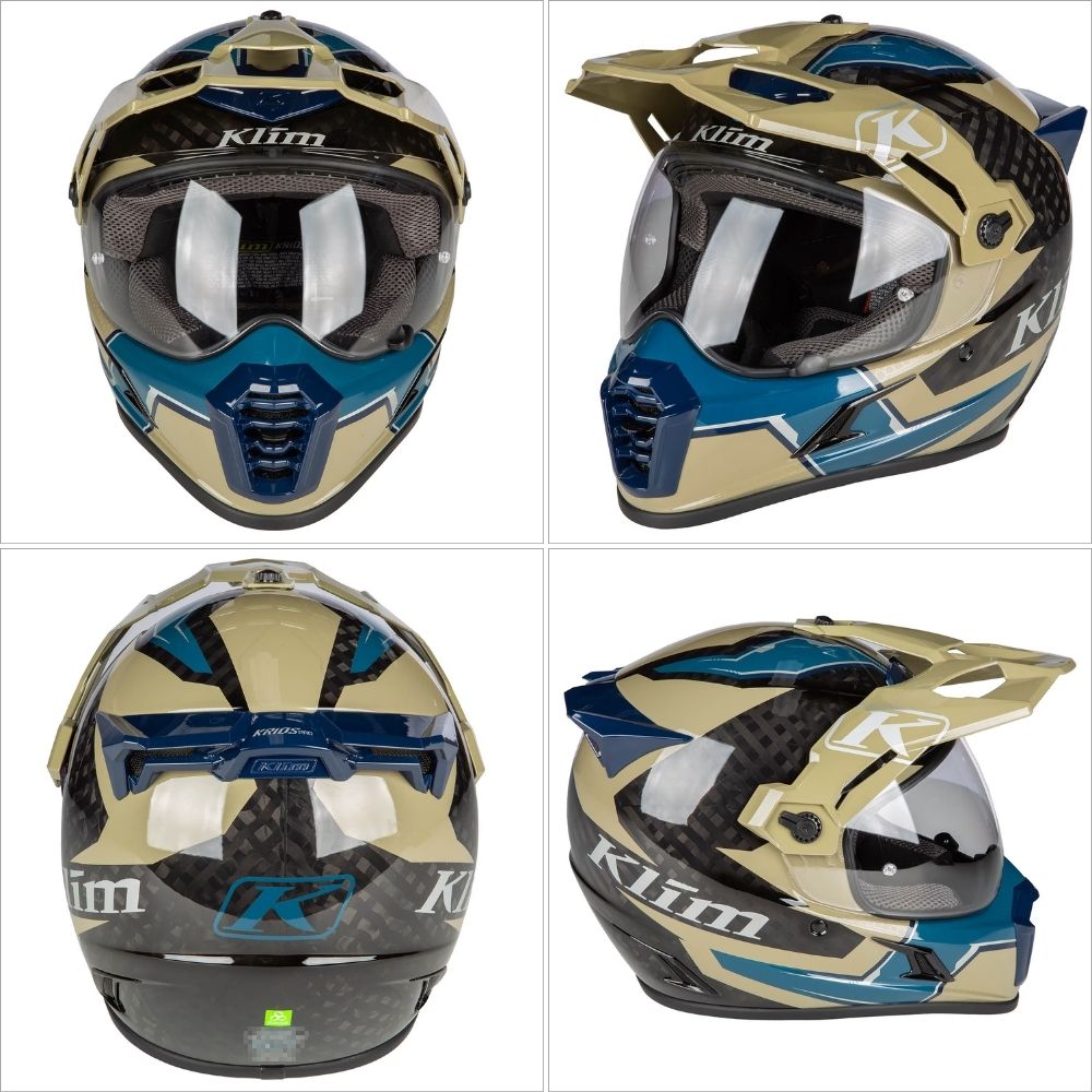Klim Krios Pro helmet in carbon fiber finish with clear and Transitions visors, Fidlock strap, and tool-less visor system
