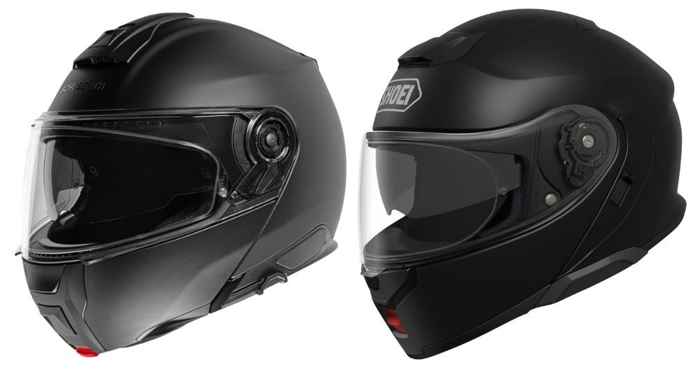 Schuberth C5 helmet on the left and Shoei Neotec 3 helmet on the right, side by side for price and value comparison
