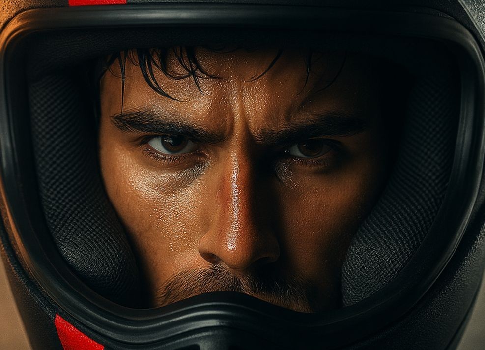 Close-up of a rider’s intense face inside a full-face helmet, sweat visible, highlighting the importance of ventilation and comfort.