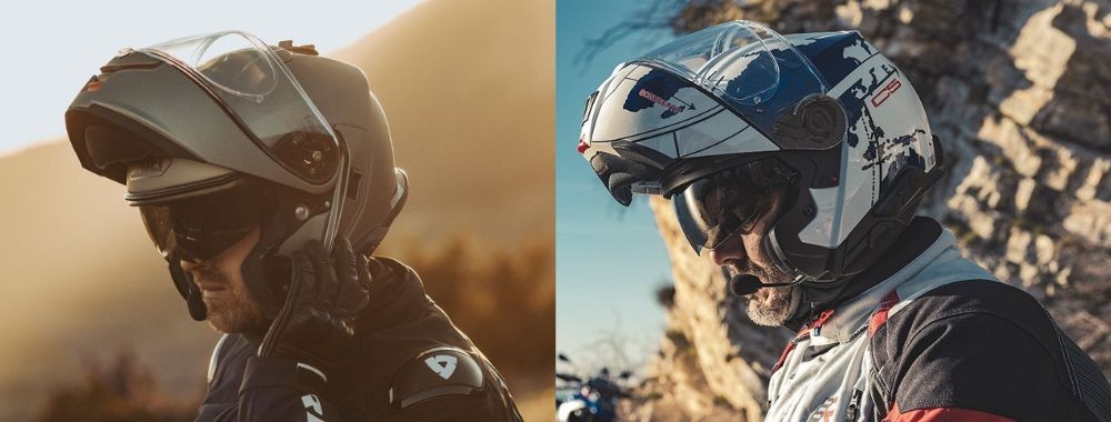 Shoei Neotec 3 helmet on left and Schuberth C5 helmet on right, both with visors open outdoors