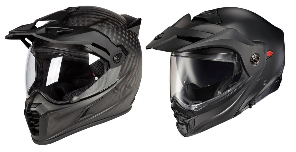 Klim Krios Pro (left) vs Scorpion EXO-AT960 (right) showing premium carbon ADV design against budget-friendly modular helmet