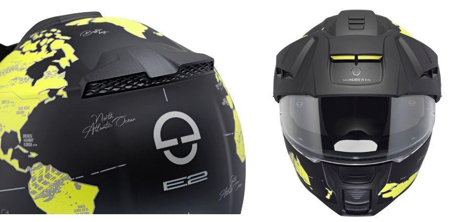 Schuberth E2 helmet front and rear view showing redesigned vents and aerodynamic shell