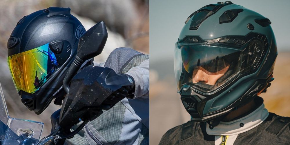 Side-by-side view of riders wearing the Arai XD5 and Nexx X.WED3 adventure helmets