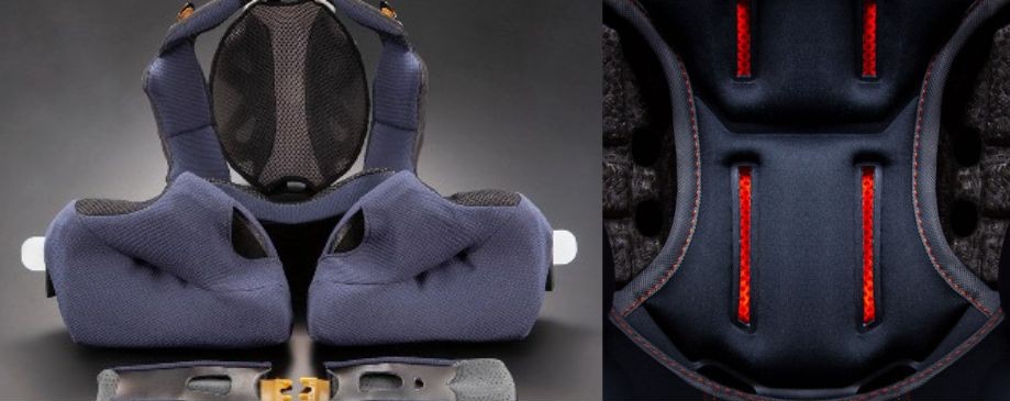 Comparison of helmet liners: Arai Dry-Cool removable pads on left, Nexx X-Mart Dry foam pads on right