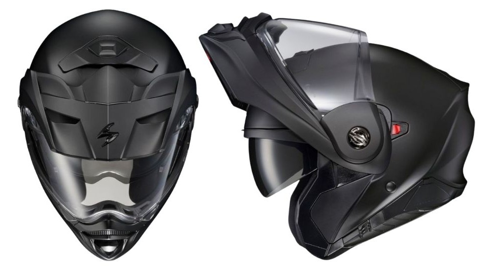 Scorpion EXO-AT960 modular ADV helmet with visor open and closed views