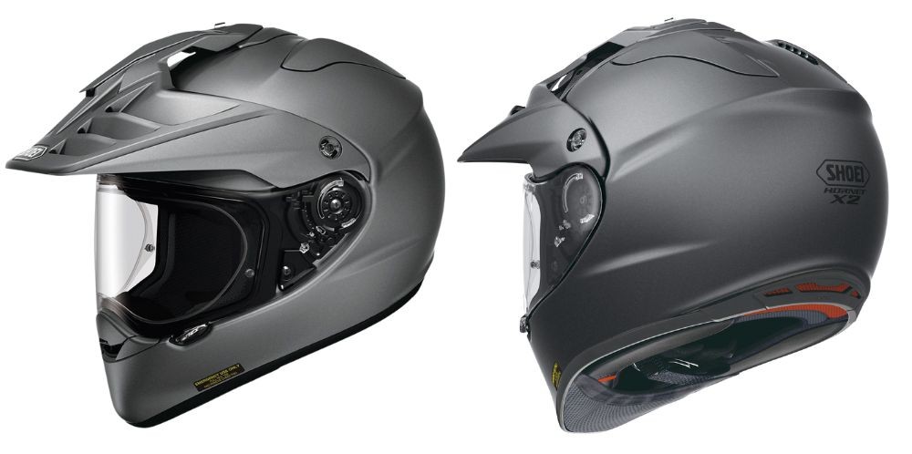 Shoei Hornet X2 adventure helmet shown in matte gray finish, side and rear angles