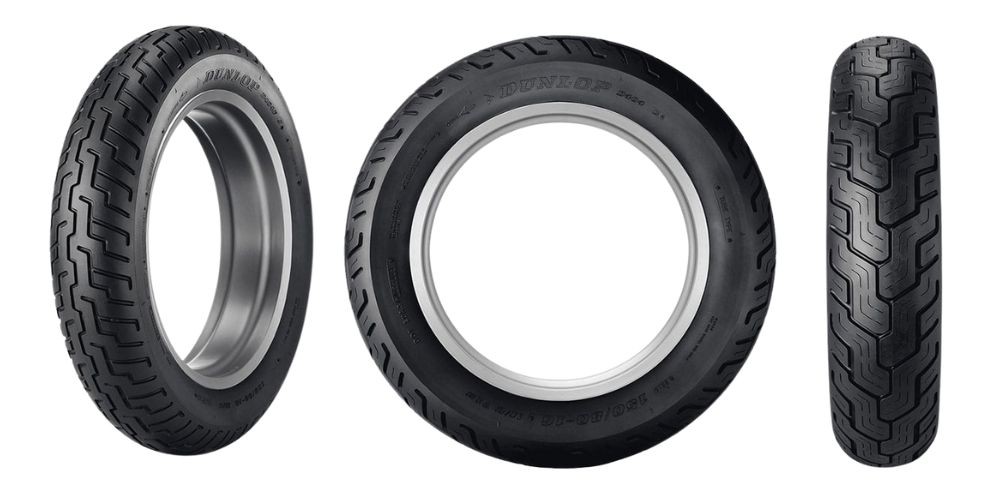 Dunlop D404 cruiser tire shown in front, side, and tread views