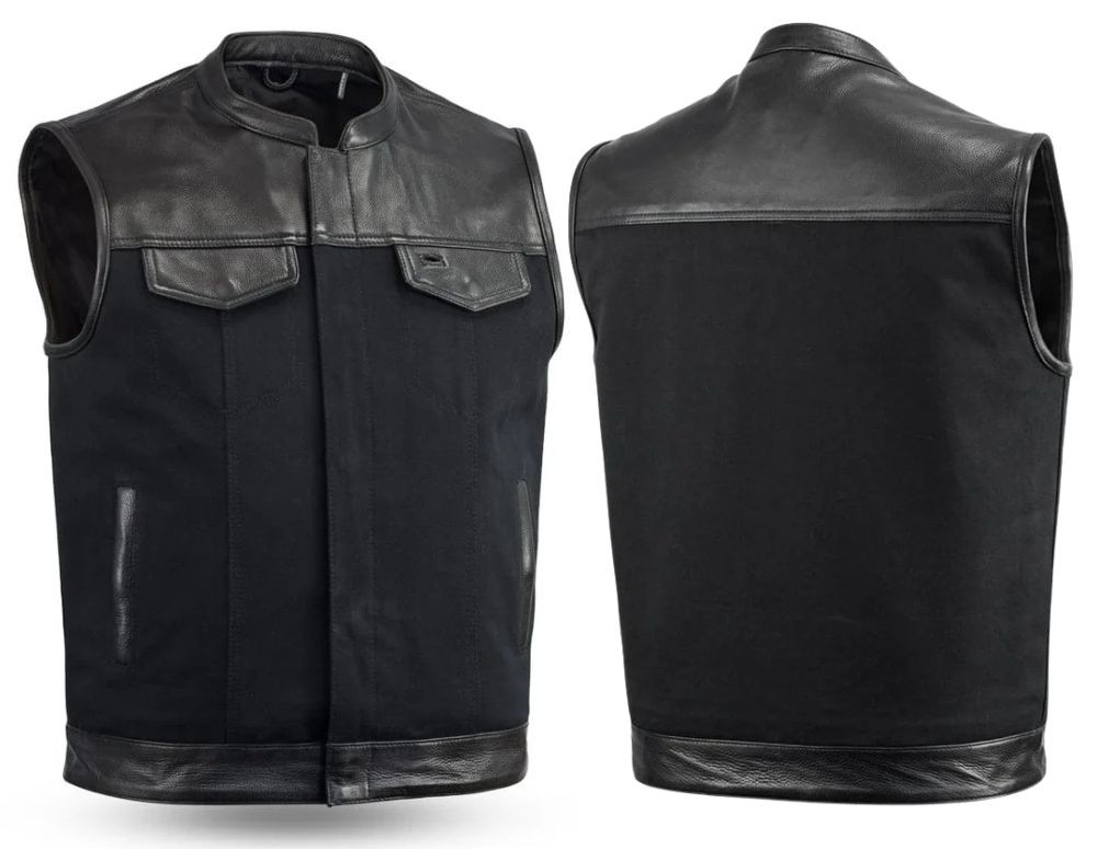 Front and back view of the First Manufacturing 49/51 Vest featuring hybrid canvas and leather construction with a preacher collar.