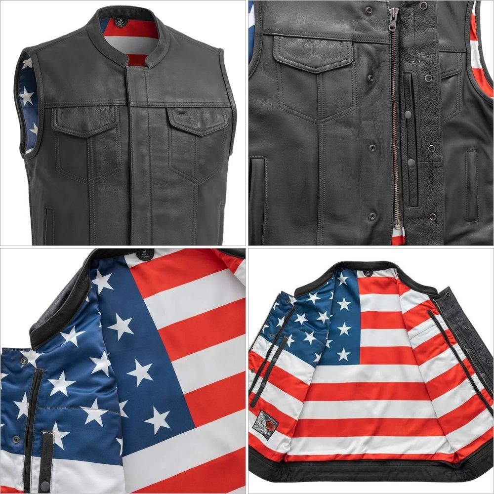 Close-up of the First Manufacturing Born Free USA leather vest featuring an American-flag satin lining and classic club-style design.