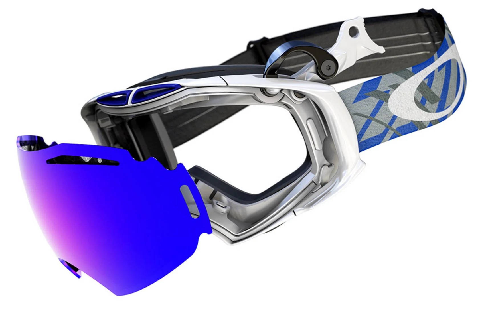 Oakley motocross goggles with Switchlock system and blue lens removed, showing quick lens change design
