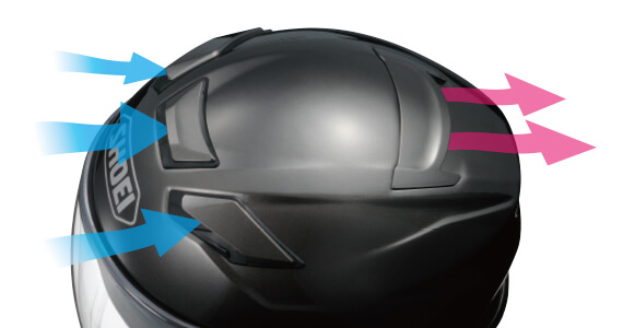 Shoei helmet ventilation system showing airflow with intake and exhaust vents.