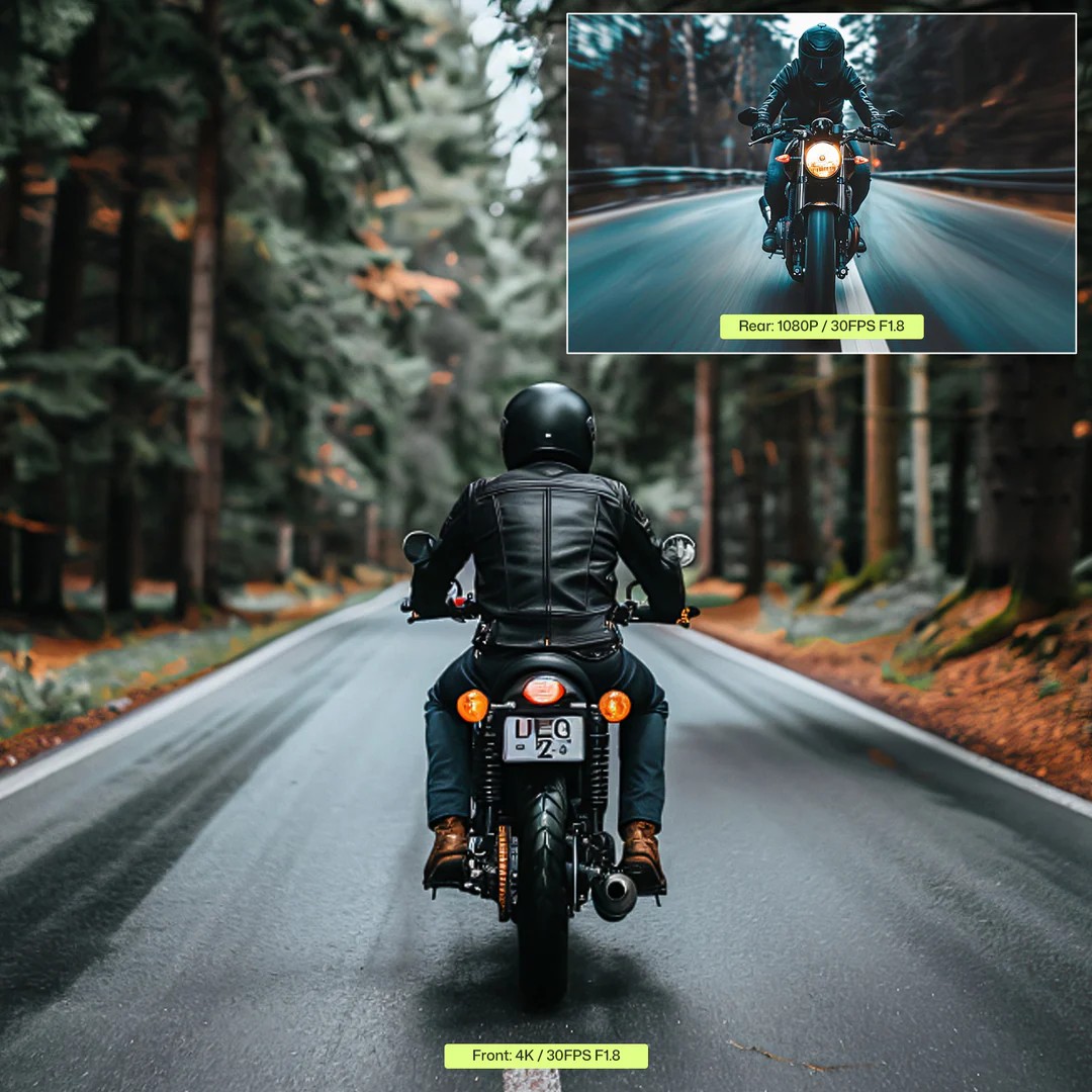 Rider on motorcycle with dual dash cam setup showing front 4K and rear 1080p recording