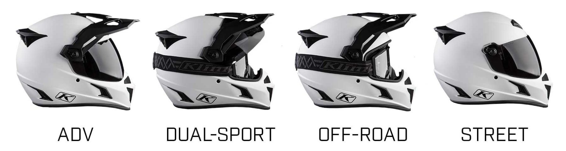 Klim Krios Pro helmet shown in four configurations: ADV, Dual-Sport, Off-Road, and Street, highlighting its modular versatility.
