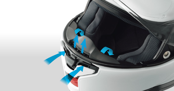 Shoei Neotec 3 helmet interior showing airflow through enlarged chin and top vents