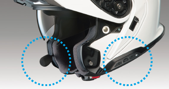 Shoei Neotec 3 helmet with Sena SRL-Mesh communication system showing mic and control unit