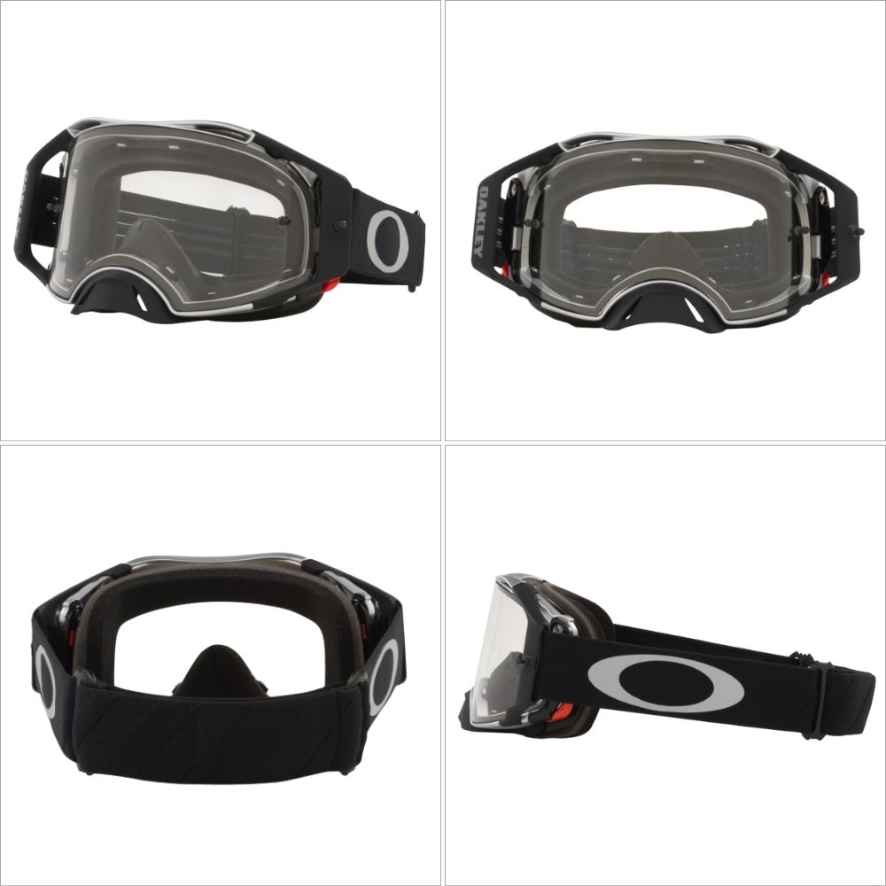 Oakley Airbrake Clear motocross goggles in black gunmetal with injection-molded Plutonite lens and Switchlock system
