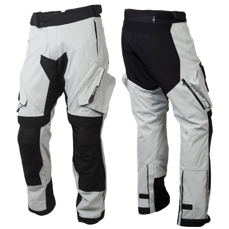 Front and rear views of Scorpion EXO Yosemite Pants in gray and black