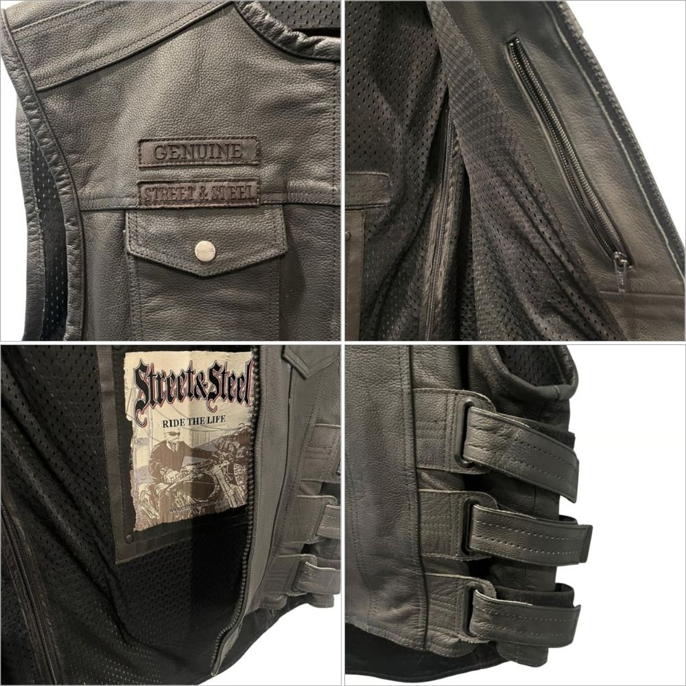 Close-up details of the Street & Steel Anarchy Leather Vest showing its genuine leather texture, side straps, and patch-ready interior.