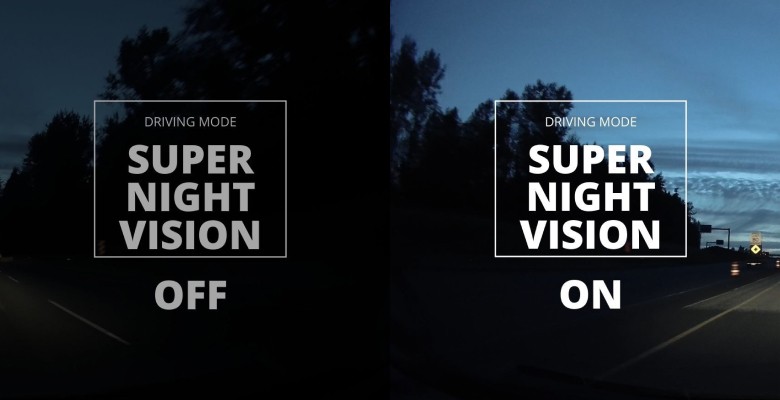 Side-by-side comparison of Thinkware M1 dash cam night vision off and on