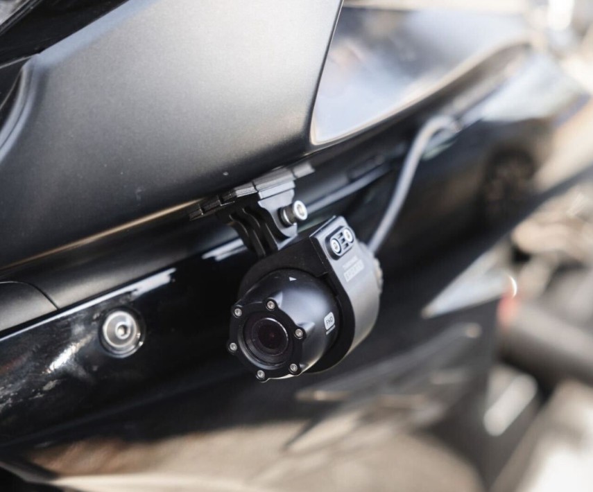 Thinkware M1 motorcycle dash cam mounted under bike fairing