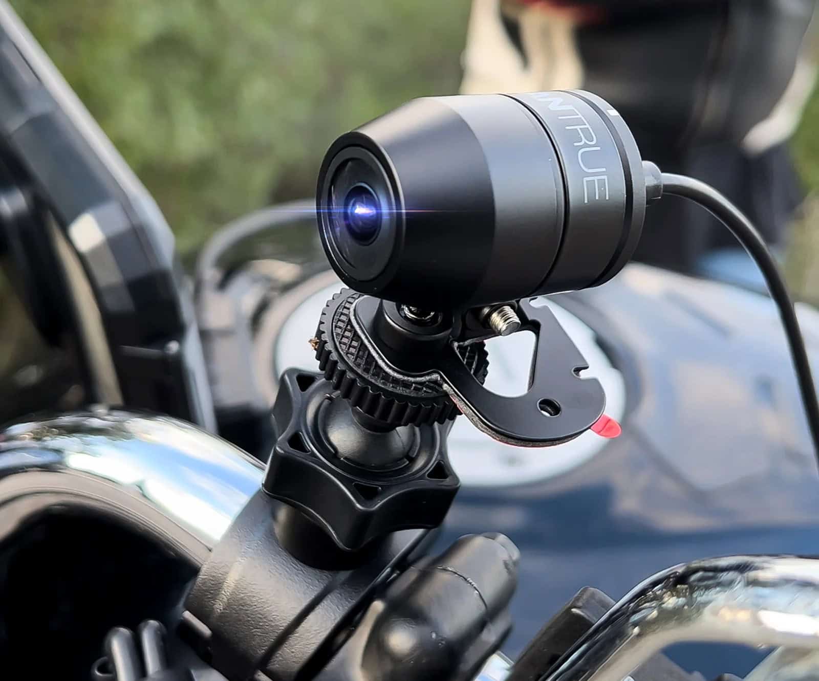 Vantrue F1 Falcon 4K motorcycle dash cam mounted on handlebar
