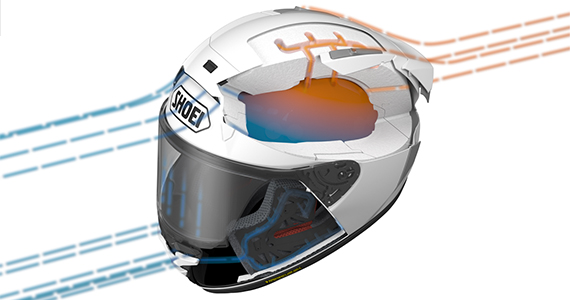 Shoei X-Fifteen helmet airflow diagram showing intake and exhaust vents cooling crown and cheek areas.