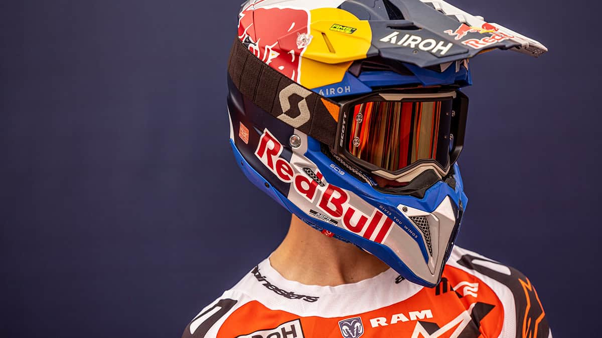 Rider wearing Scott Prospect 2.0 AMP motocross goggles with wide lens and moisture-wicking foam for clear vision
