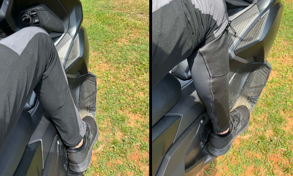 Close-up of a rider wearing Pando Moto Skin UH AAA armored leggings on a motorcycle, showing flexible fit and reinforced panels