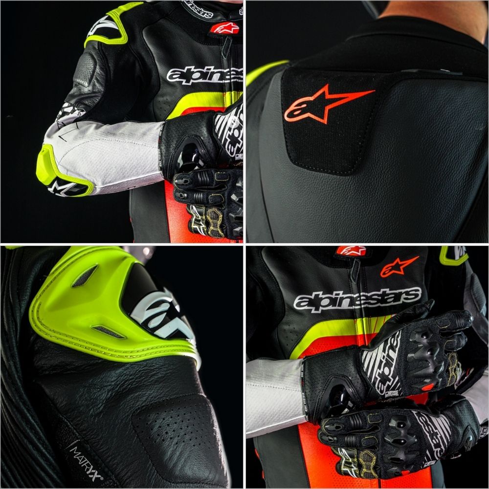 Close-up details of the Alpinestars GP Tech V4 race suit showing kangaroo leather, MATRYX ventilation panels, and protective sliders.