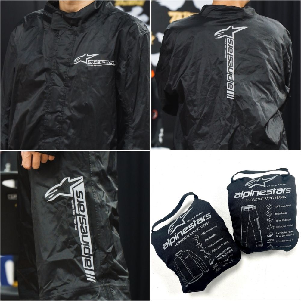 Alpinestars Hurricane V2 two-piece motorcycle rain suit with reflective logos and packable pouches