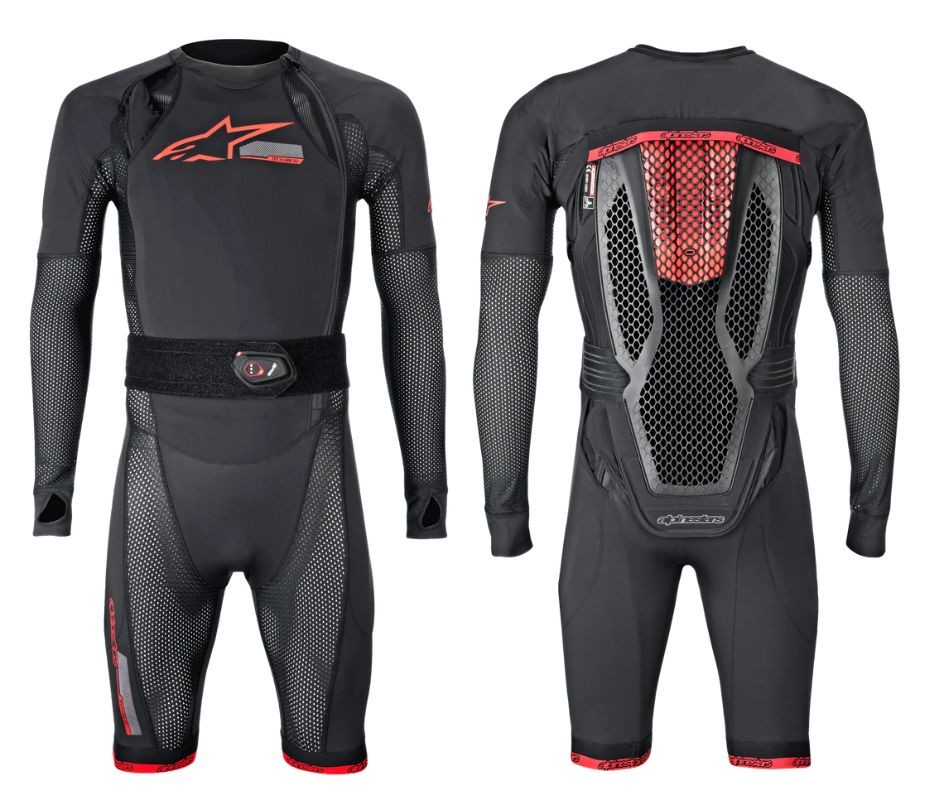 Front and back view of the Alpinestars Tech-Air 10 airbag suit showing built-in sensors, hip coverage, and back protection system.