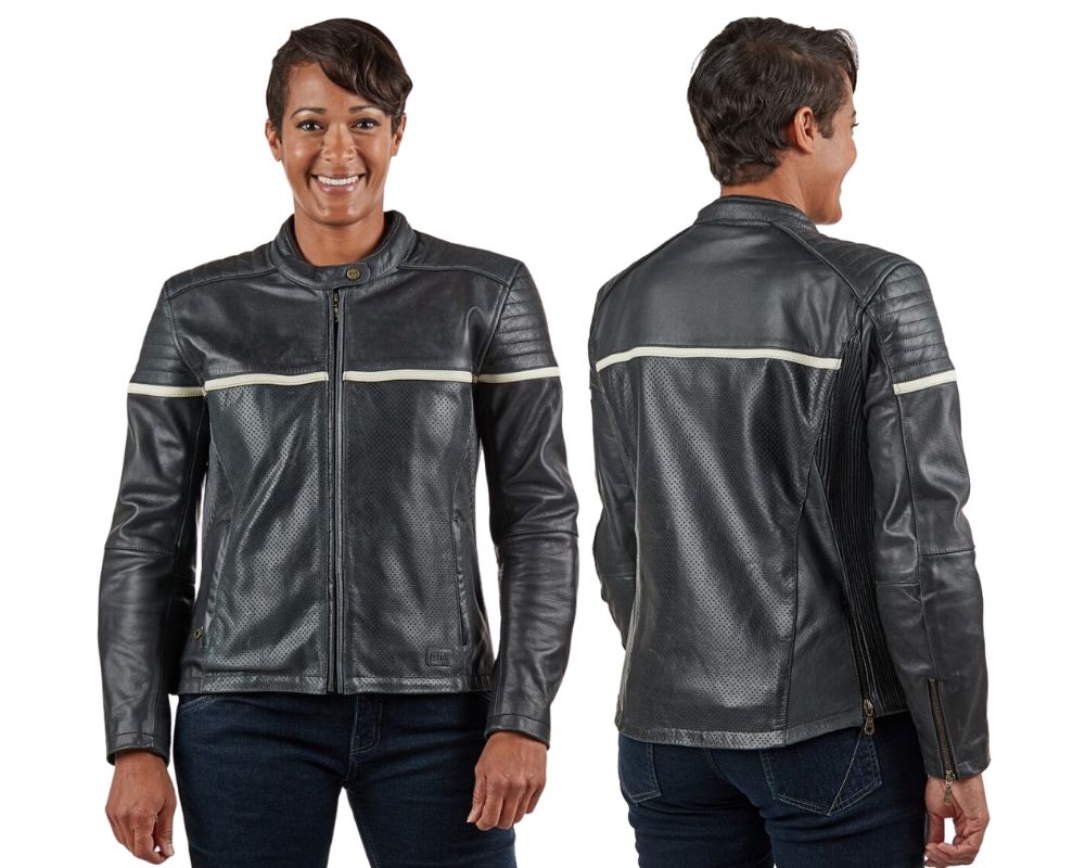 Woman wearing the BILT Alder 2 black leather motorcycle jacket, front and back views showing its perforated panels and classic fit.