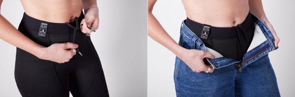 Close-up of Bowtex Elite Ladies V2 Armoured Leggings being worn under jeans, showing the elastic waistband and armored fit.