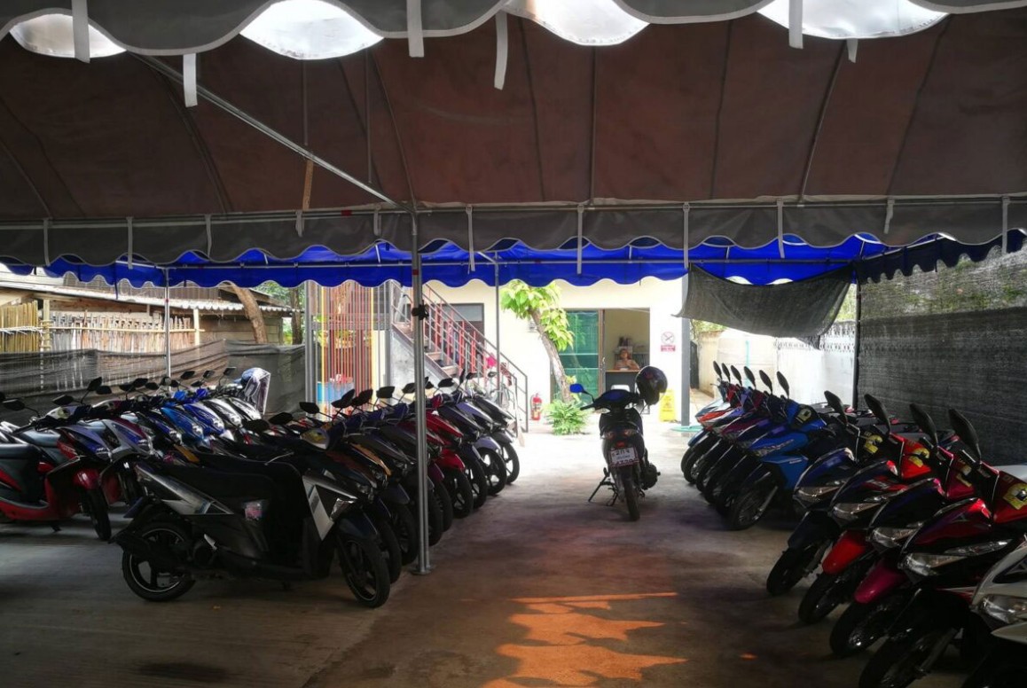Scooters lined up under a shaded canopy at Cat Motors rental shop in Chiang Mai Old City, ready for tourists exploring northern Thailand