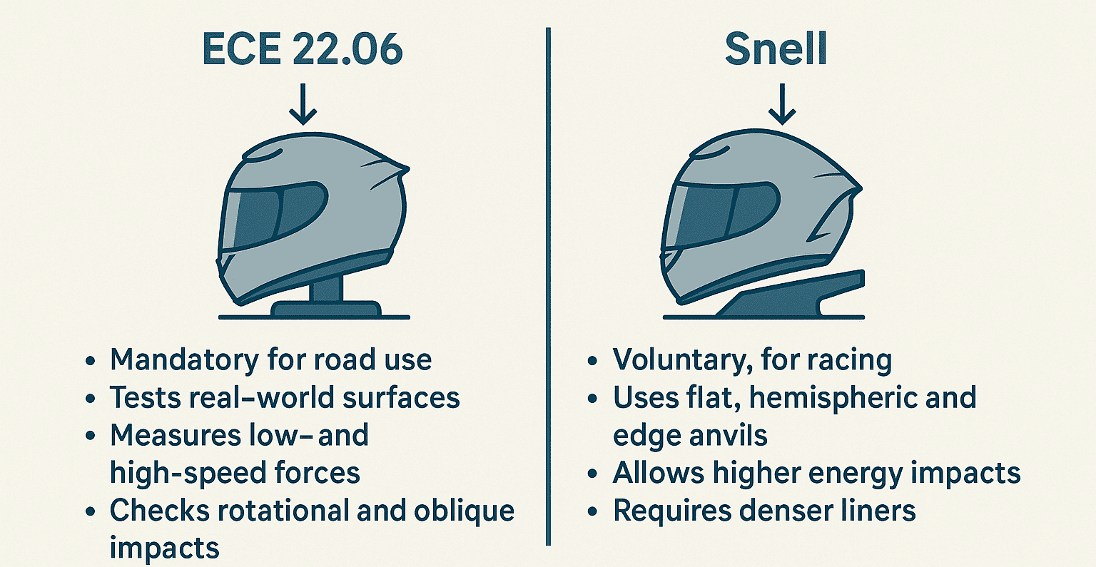 Infographic comparing ECE 22.06 and Snell helmet safety standards, showing key testing differences like impact types, liner density, and certification purpose.