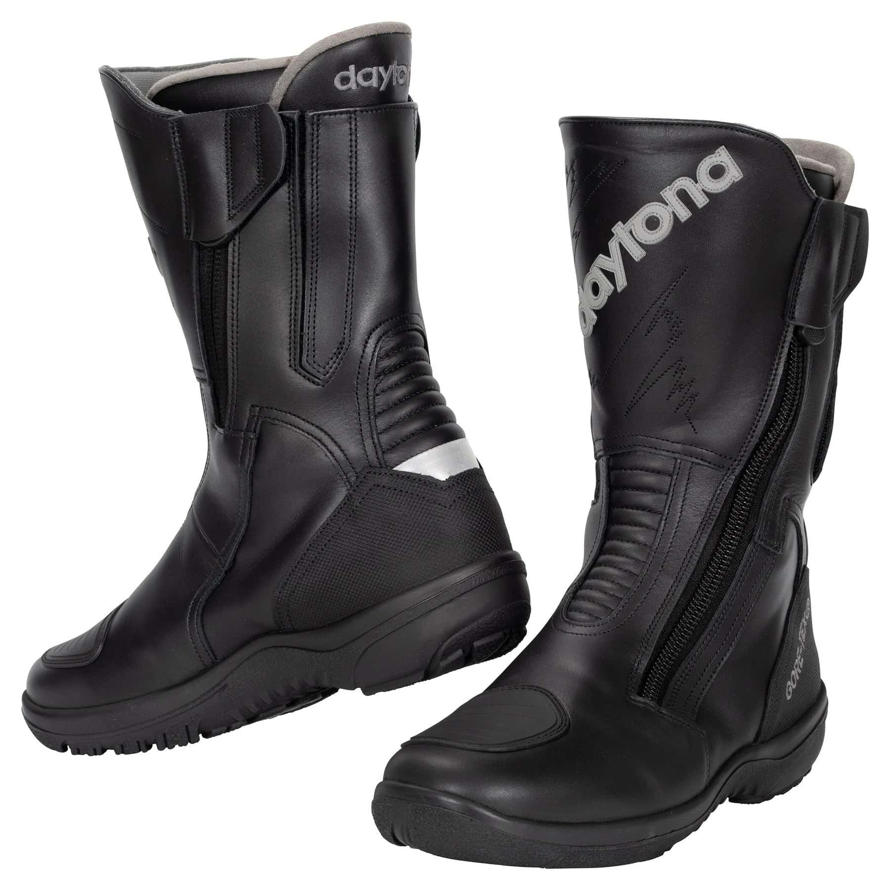 Daytona Road Star GTX boots in black leather showing twin side zippers and reflective heel panel for touring comfort and visibility.