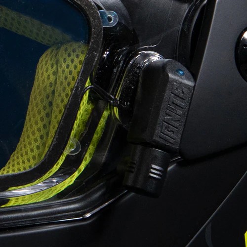 Close-up of heated visor connector on a snowmobile helmet