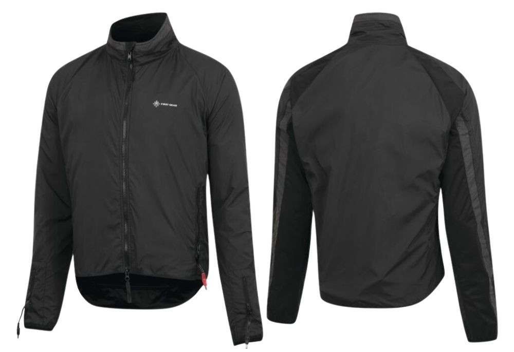 FirstGear Gen4 heated jacket liner that doubles as a windbreaker with reflective piping and glove connectors