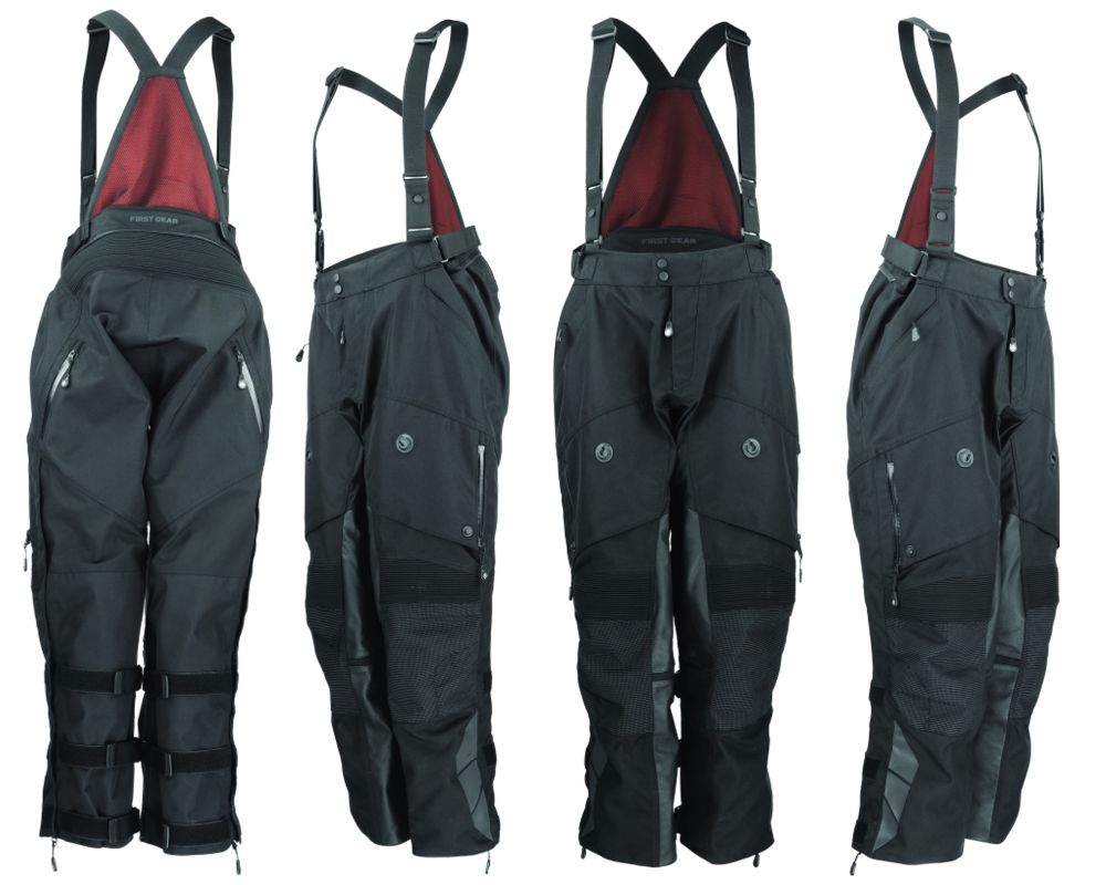 Front and rear views of Firstgear Rogue XC Pro Pants showing waterproof construction, adjustable straps, and mesh bib design.